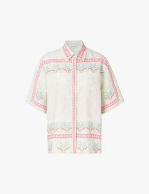 By Malina Womens Pastel Palm Mint Liv Abstract-print Linen-blend Shirt