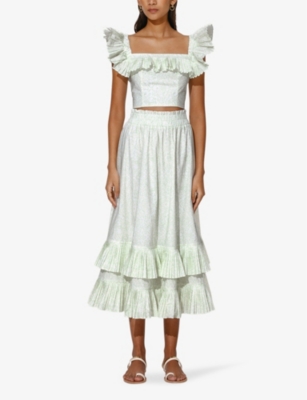 Shop By Malina Malina Womens Floral Mist Mint Jane Ruffle-trim Cotton Midi Skirt In Multi-coloured
