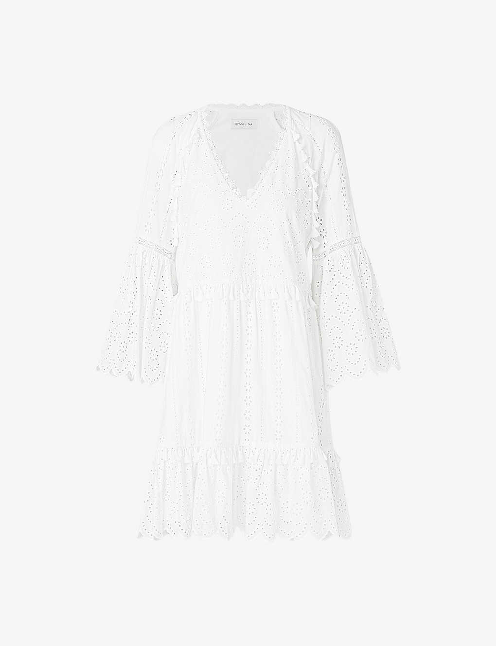 By Malina Womens White Khloe Broderie-anglaise Tassel-trim Cotton Mini Dress