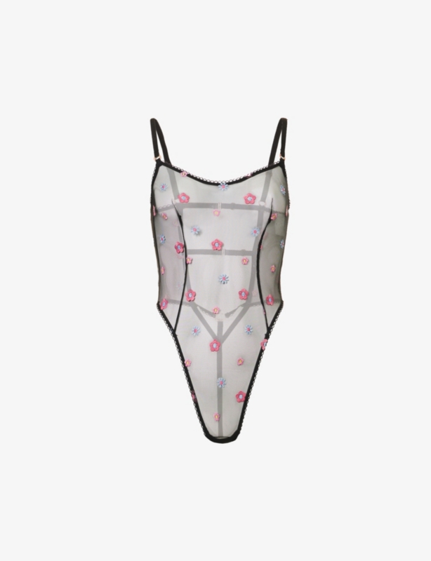 Floral-embroidered semi-sheer stretch-mesh body