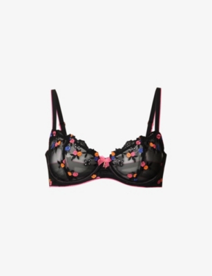 Lounge Underwear Womens Black Neon Floral-embroidered Bow-embellished Mesh Bra
