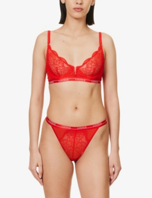 Shop Lounge Underwear Women's Red Royal High-rise Floral-lace Stretch Recycled-polyamide-blend Thong