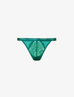 Lounge Underwear Womens Turquoise Royal High-rise Floral-lace Stretch Recycled-polyamide-blend Thong