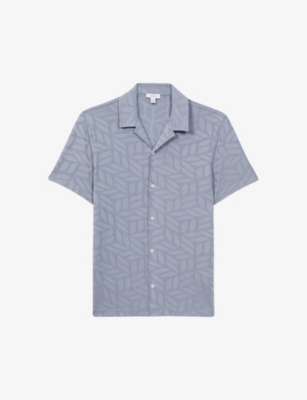 Reiss Mens Basswood Floral-jacquard Knitted Shirt