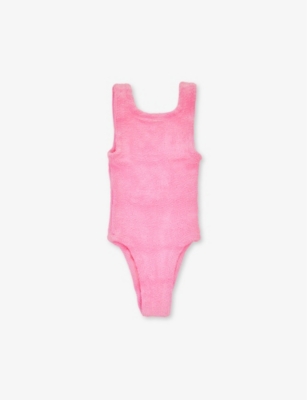 HUNZA G: Baby Alva bow-trim crinkled swimsuit 1-6 years