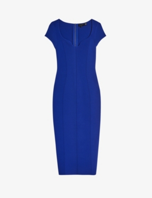 TED BAKER TED BAKER WOMEN'S BLUE ALIXIS NOTCHED-NECK RIBBED KNITTED MIDI DRESS,68391394