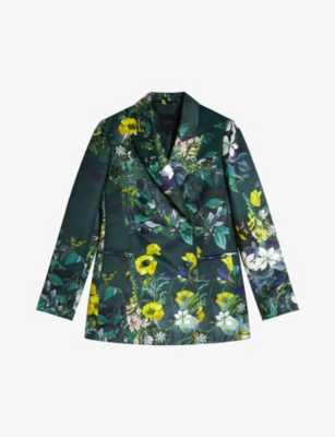 TED BAKER TED BAKER WOMEN'S DK-GREEN AIKAA FLORAL-PRINT DOUBLE-BREASTED SATIN BLAZER