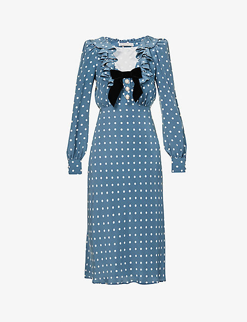 ALESSANDRA RICH：波点图案褶边领口常规版型真丝中长连衣裙