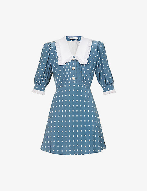 ALESSANDRA RICH: Polka-dot patterned puff-sleeve regular-fit silk mini dress