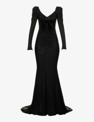 ALESSANDRA RICH: Bow-embellished train woven maxi dress