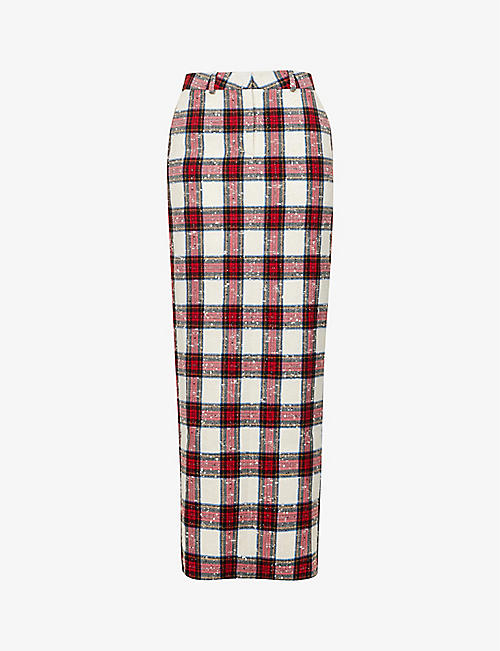 ALESSANDRA RICH: Checked-print split-hem wool-blend maxi skirt
