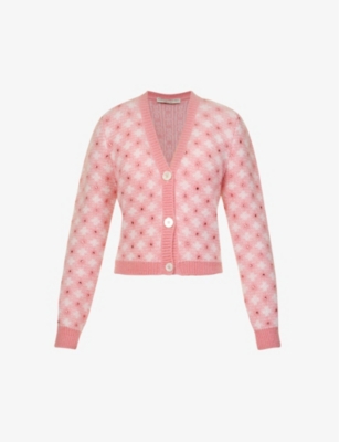 Alessandra Rich Cropped Crystal-embellished Checked Mohair-blend Cardigan In Pink
