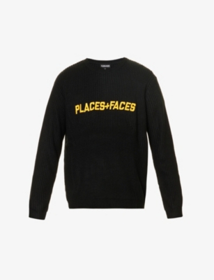 PLACES + FACES: Brand-embroidered rib-knit woven jumper