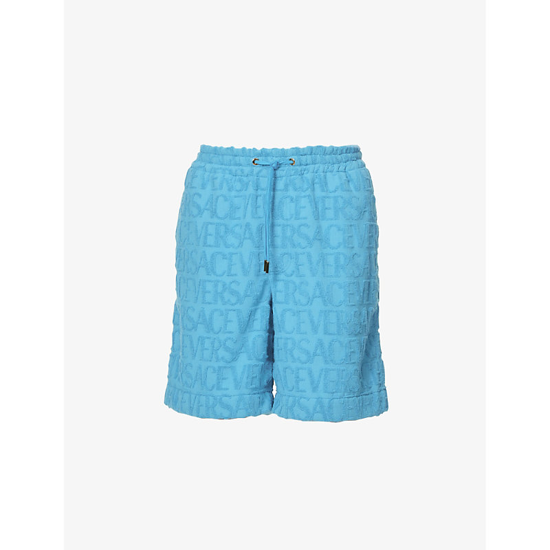 VERSACE VERSACE MEN'S SUMMER SKY BLUE LOGO-EMBELLISHED RELAXED-FIT COTTON-TOWELLING SHORTS,68410828