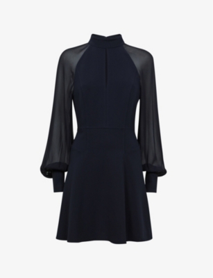 Reiss Perry Sheer Blouson Sleeve Mini Dress In Navy
