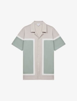 Reiss Mens Sage Multi Noble Colour-block Short-sleeve Cotton Shirt