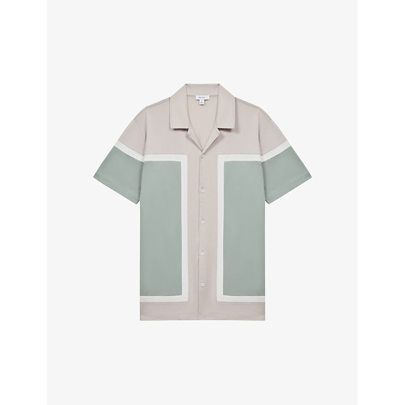 Reiss Mens Sage Multi Noble Colour-block Short-sleeve Cotton Shirt