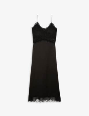 Shop The Kooples Womens Black Lace-trim Slip Silk Midi Dress