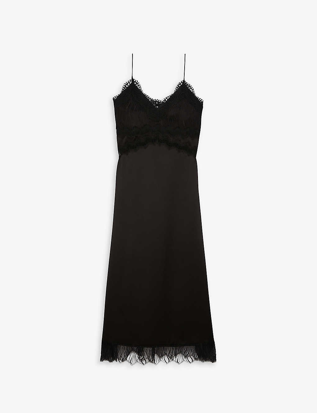 Shop The Kooples Women's Black Lace-trim Slip Silk Midi Dress