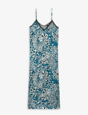 THE KOOPLES THE KOOPLES WOMENS BLUE WHITE LEOPARD-PRINT SILK SLIP MIDI DRESS,68428038