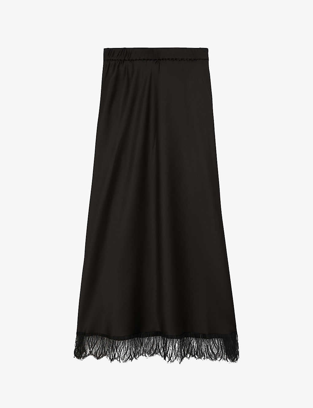 The Kooples Womens Black Scalloped Lace-trim High-rise Silk Midi Skirt