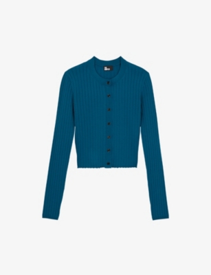 The Kooples Womens Medium Blue Button-fastened Rib-knitted Cardigan