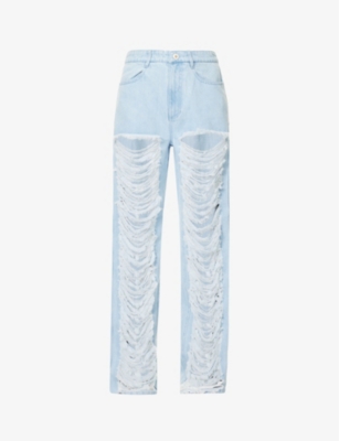 DION LEE DION LEE WOMENS CYAN FRAYED CUT-OUT STRAIGHT MID-RISE JEANS
