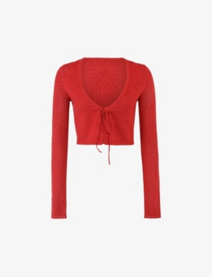 Shop House Of Cb Women's Cherry Perla Cropped Pointelle-knit Cardigan In Red