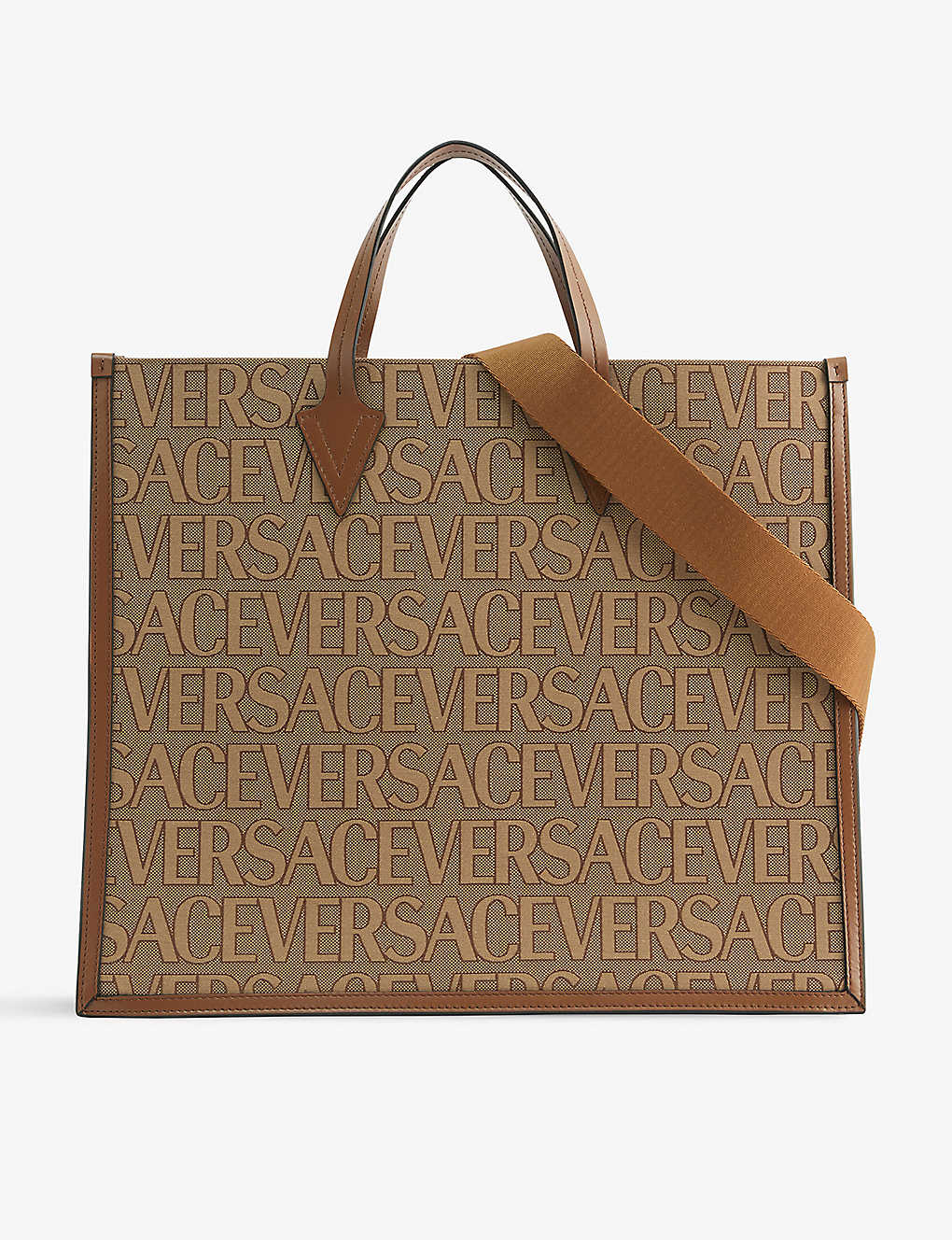 Versace Mens Beige Brown  Gold Logo-embellished Canvas Tote Bag