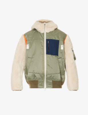 SACAI - Contrast-panel boxy-fit shearling and shell bomber jacket