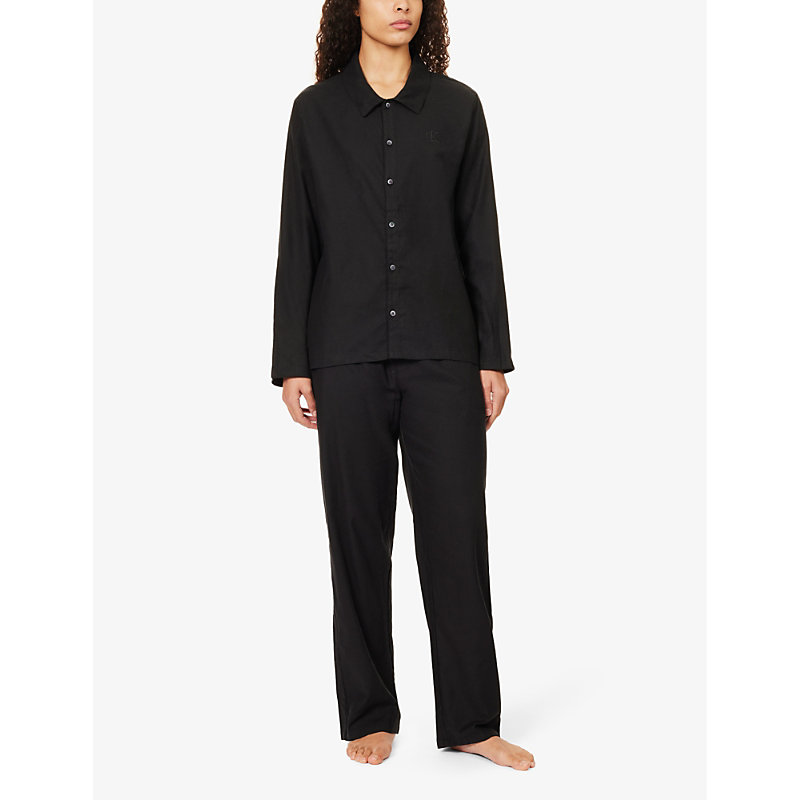 Shop Calvin Klein Women's Black Brand-embroidered Cotton Pyjama Set