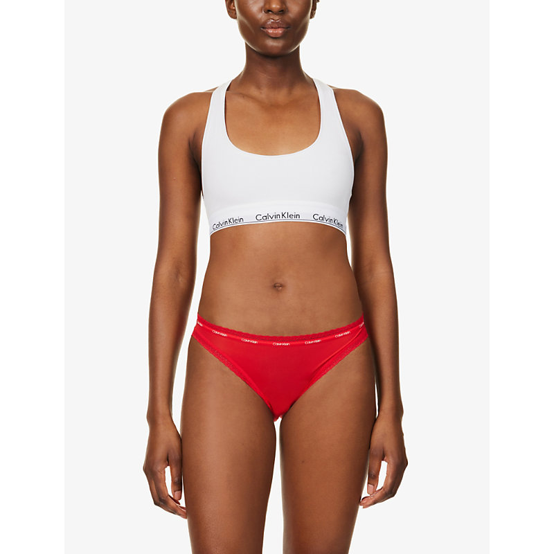 Shop Calvin Klein Women's Rouge Lace-trim Mid-rise Stretch-woven Briefs In Red