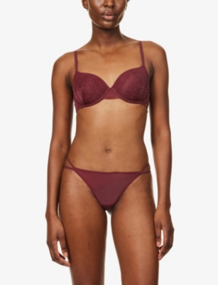 Shop Calvin Klein Women's Tawny Port Marquisette Sheer Stretch-recycled Nylon Thong