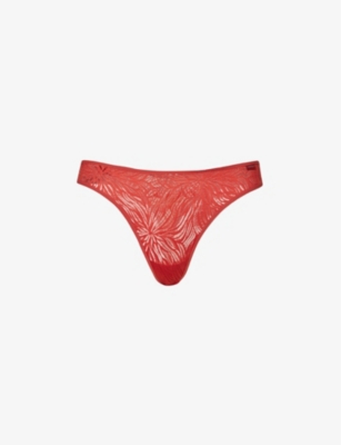 CALVIN KLEIN: Sheer Marquisette floral-pattern mid-rise stretch-lace thong