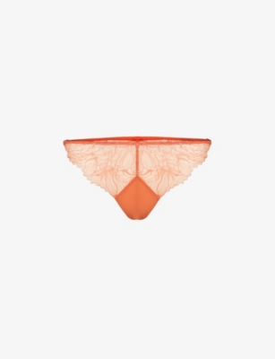 Calvin Klein Womens Mecca Orange Semi-sheer Floral-embroidered Mid-rise Stretch-lace Briefs
