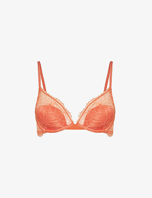 CALVIN KLEIN: Semi-sheer floral-embroidered stretch-lace underwired bra