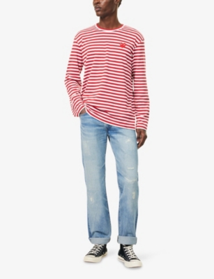 Comme Des Garçons Play Mens Comme Des Garcons Play Stripe-pattern Brand-embroidered Cotton-jersey T-shirt In Red