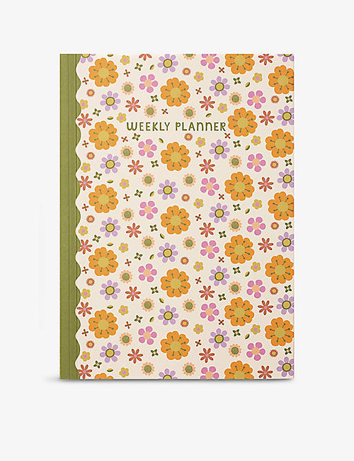 RASPBERRY BLOSSOM: Retro floral-print weekly planner 15cm x 21cm