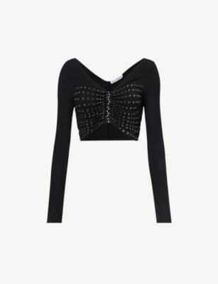 Rabanne Stud Detail Long Sleeve Crop Top In Black