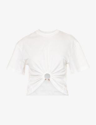 Rabanne White Crewneck Top With Short Sleeves And Ruched Cut-out On The Front In Cotton Woman In Off White