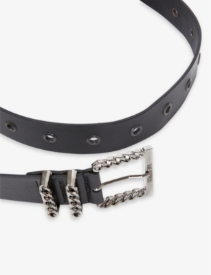 Shop The Kooples Chain-embellished Logo-embossed Leather Belt In Black