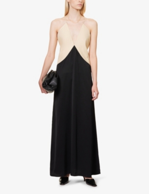 Shop Totême Toteme Women's Black/bleached Sand Draped Colour-block Woven Midi Dress