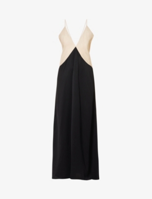 Shop Totême Toteme Women's Black/bleached Sand Draped Colour-block Woven Midi Dress