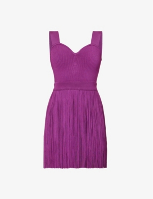 Herve Leger Fringe Ottoman Knit Sleeveless Mini Dress In Mulberry
