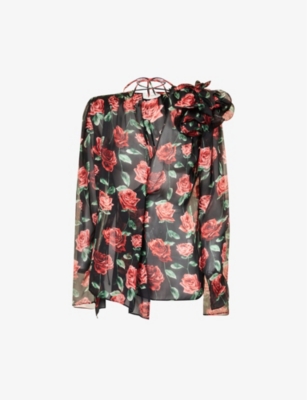 MAGDA BUTRYM MAGDA BUTRYM WOMEN'S BLACK FLORAL-EMBELLISHED RELAXED-FIT SILK BLOUSE,68504497