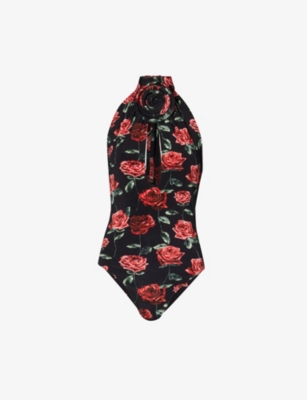 Magda Butrym Womens Black Floral-print Slim-fit Stretch-woven Bodysuit In Black