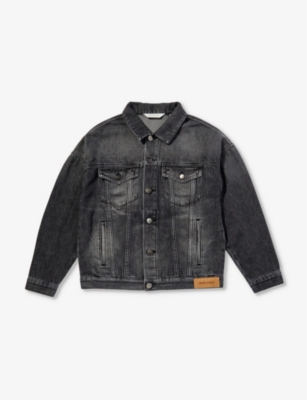 Palm Angels Boy's Flames Logo-print Medium Wash Denim Jacket In Black Red
