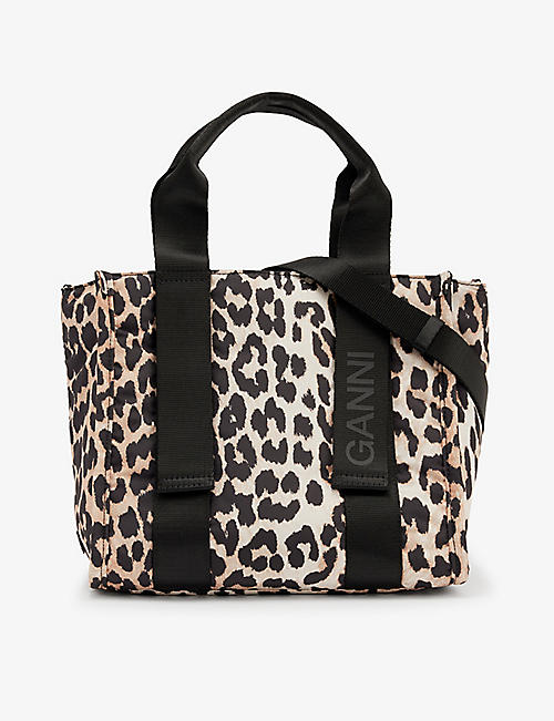 GANNI: Leopard-print recycled-polyester tote bag