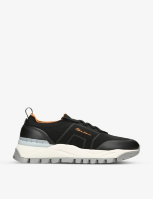SANTONI: Tech-knit woven and leather low-top trainers