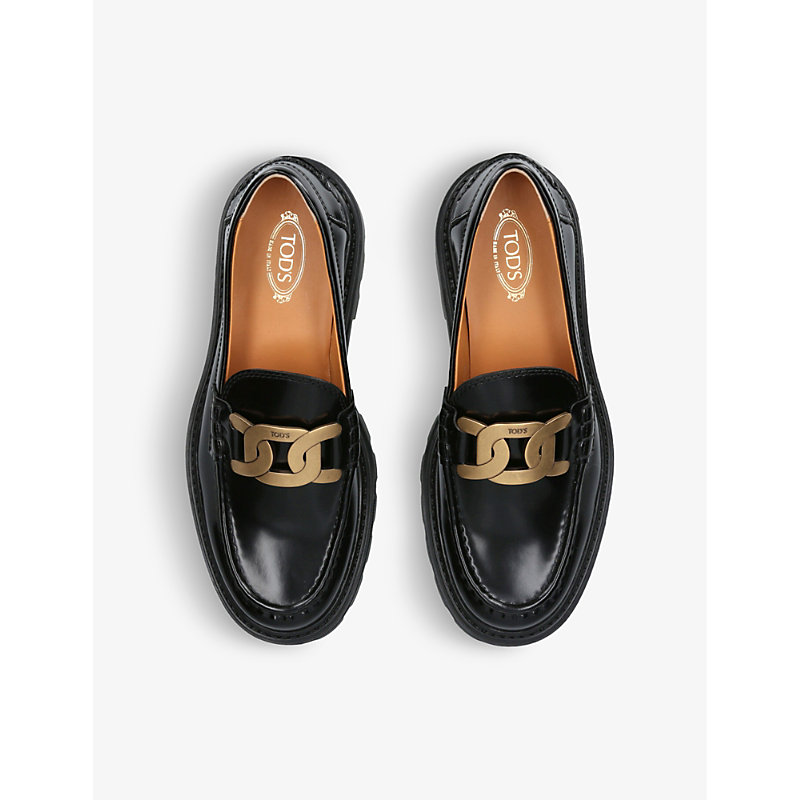 Shop Tod's Tods Womens Black Gomma Pesante Chain-embellished Leather Loafers